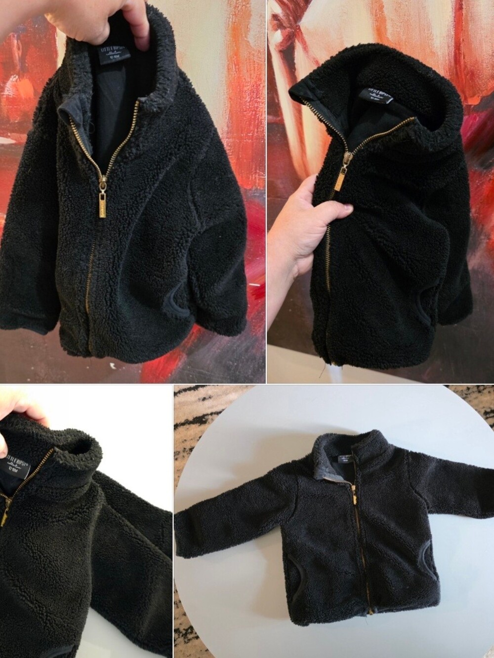 Little Bipsy Black Sherpa Zip Jacket with Gold Zipper